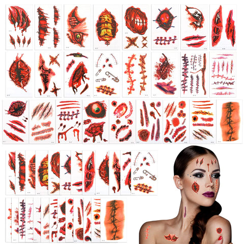 30 Sheets Halloween Tattoos Halloween Temporary Tattoos Zombie Scars Stickers with Fake Scab Temporary Wound Stickers Makeup Tattoo for Kid Adult Halloween Party Cosplay