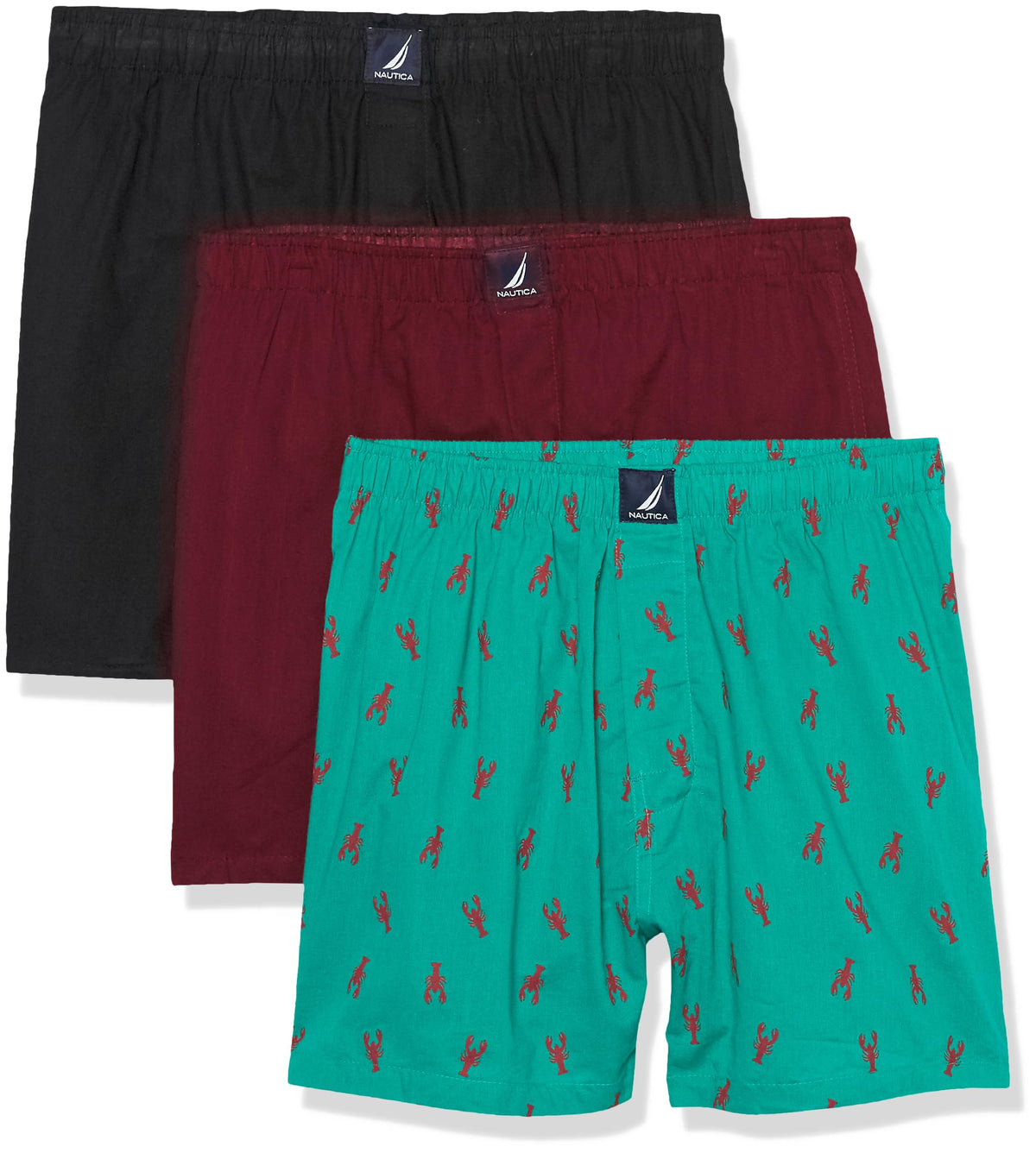Nautica Men's Cotton Woven 3-Pack Boxers Shorts, Black/Tawny Port/Lobsters-Pepper Green, L