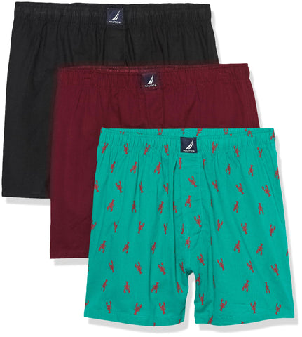 Nautica Men's Cotton Woven 3-Pack Boxers Shorts, Black/Tawny Port/Lobsters-Pepper Green, L
