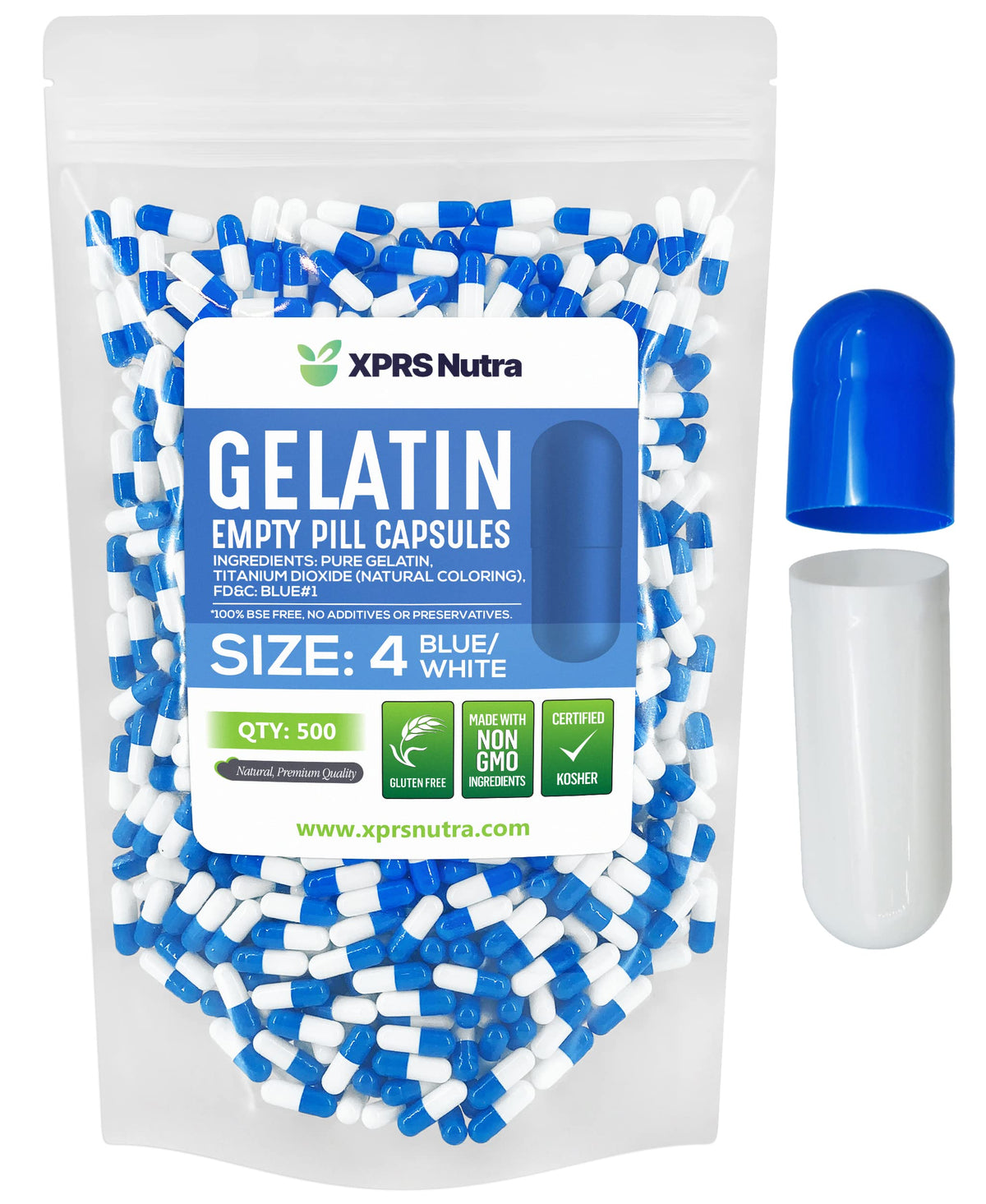 XPRS Nutra Size 4 Empty Capsules - 500 Count Small Empty Gelatin Capsules - Empty Pill Capsules - DIY Capsule Filling - Bovine Pill Capsules Empty Gel Caps (Blue/White)