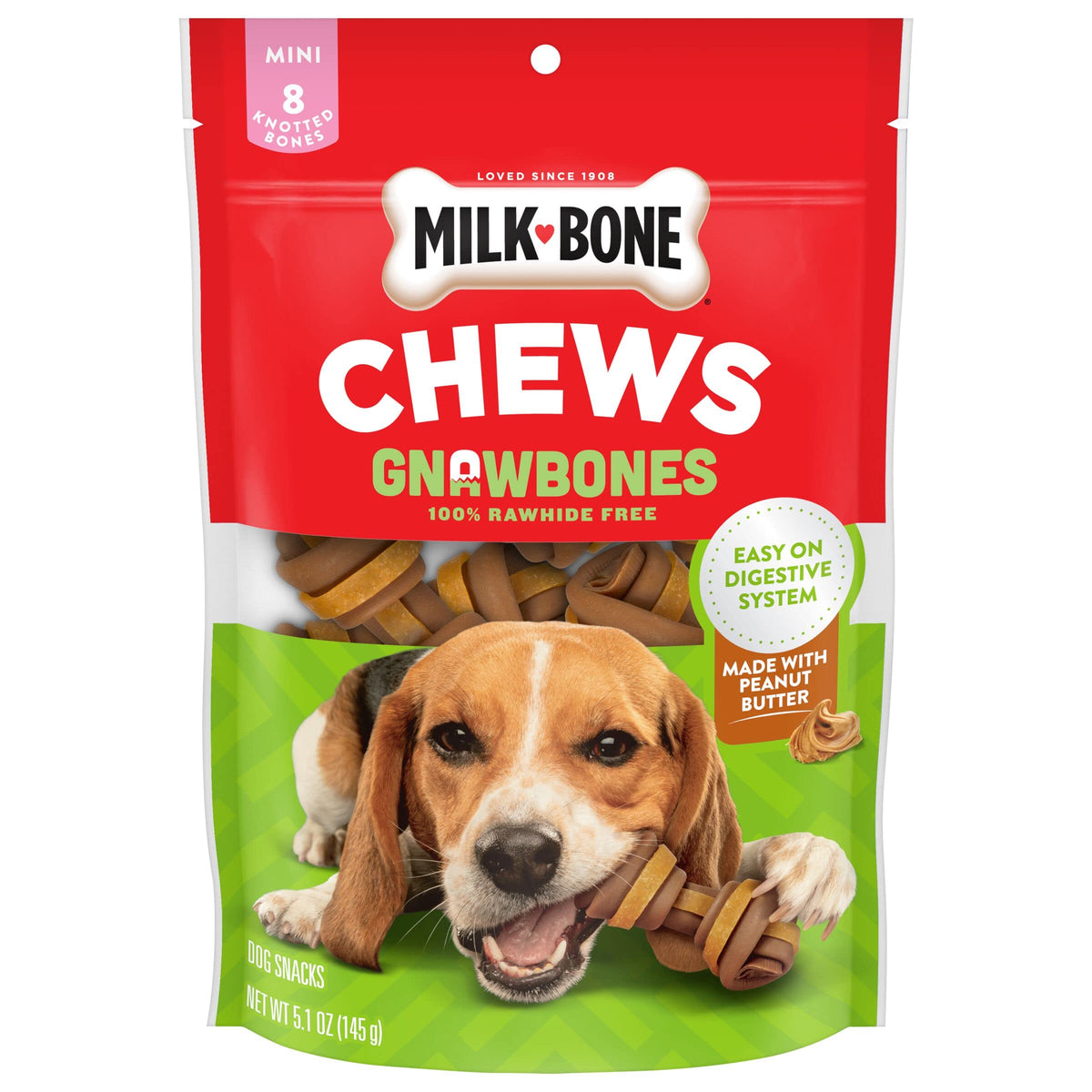 Milk-Bone Chews GnawBones Rawhide Free Dog Treats, Peanut Butter & Chicken, 8 Long Lasting Mini Knotted Bones (Pack of 4)