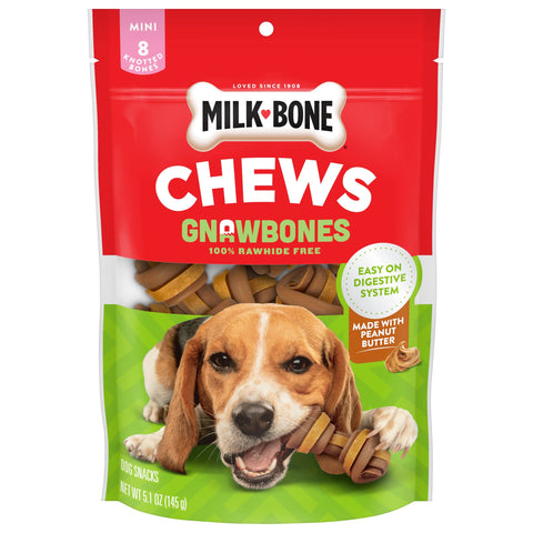 Milk-Bone Chews GnawBones Rawhide Free Dog Treats, Peanut Butter & Chicken, 8 Long Lasting Mini Knotted Bones (Pack of 4)