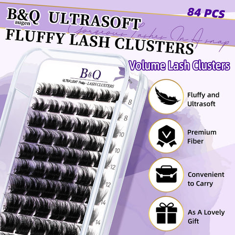 Lash Clusters Fluffy Individual Lashes 84 Pcs Ultralight Eyelash Clusters B&Q DIY Cluster Eyelash Extensions at Home Wispy Lash Extension Light as Feather Cluster Lashes (F03-C-8-18mm)
