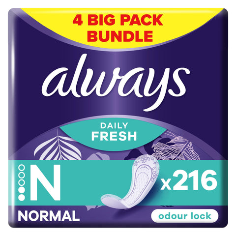 Always Dailies Panty Liners, Normal, 216 Liners (54 x 4 Packs), Odour Neutraliser, Soft & Discreet, Absorbent Core (Packaging may vary)