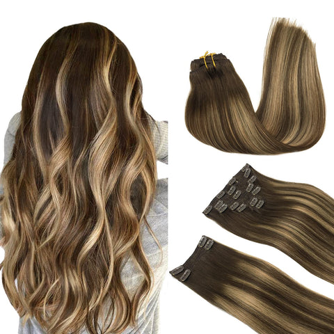 MAXITA Human Hair Extensions Clip in, Balayage Chocolate Brown to Caramel Blonde 9pcs 150g 20 Inch, Remy Thick Clip in Hair Extensions Straight Long Real Human Hair Extensions Clip ins for Women