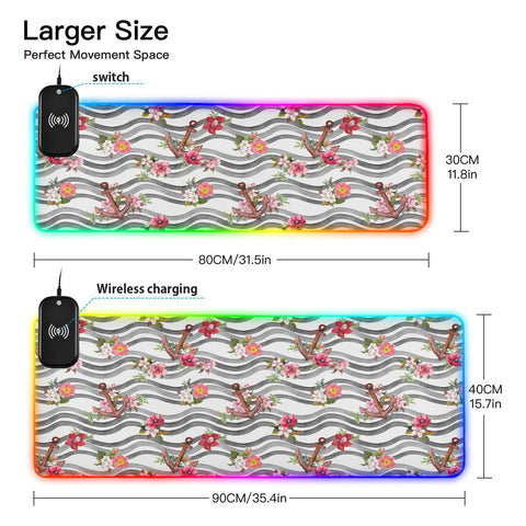 Anchor Flowers Sea Waves Wireless Charging Mouse Pad for Mobile Phone Extra Large Gaming Mousepad with 13 Lighting Modes Mouse Mat for Gaming MacBook PC Laptop Desk Office Home