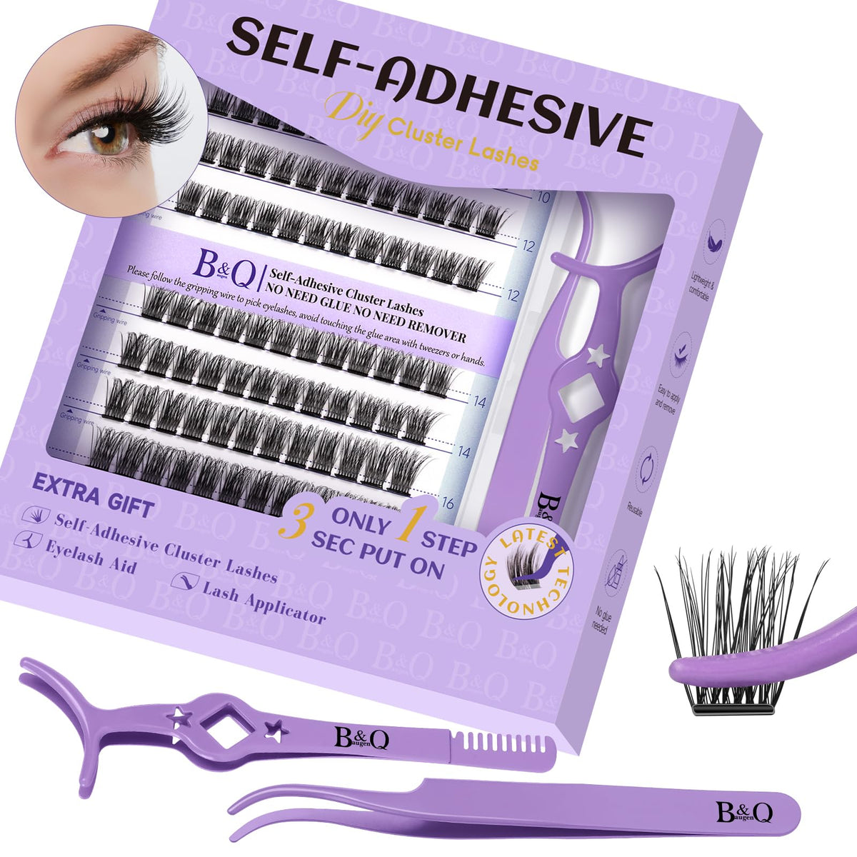 B&Q Self Adhesive Eyelashes Extensions Kit 120 PCS Self Adhesive Lashes 8-18 Mixed No Glue Eyelashes ZC02 Press On Eyelashes Clusters Kit Natural Adhesive Lashes Self Application (ZC02-D-MIX)