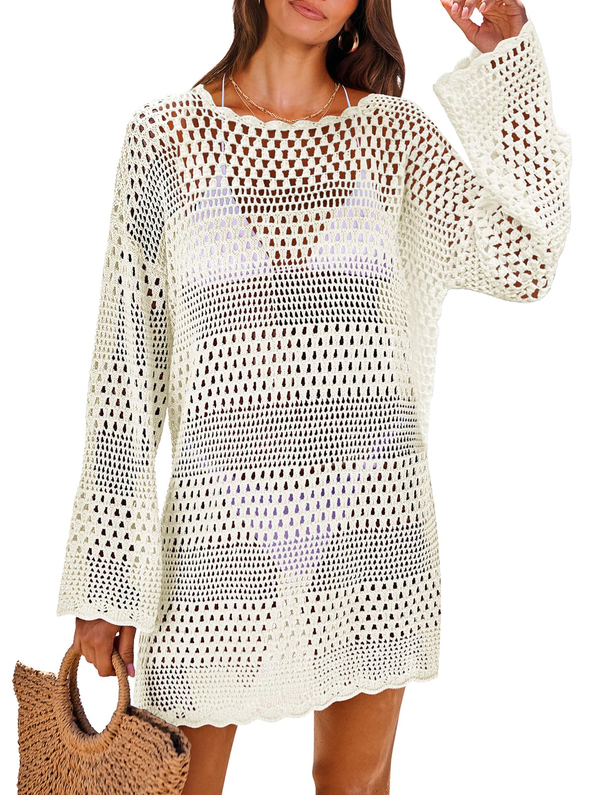 ANRABESS Women Swimsuit Crochet Swim Cover Up Summer Bathing Suit Pool Swimwear Mesh Knit Coverups Beach Dress 2024 Spring Vacation Travel Outfits Fashion Clothes 958baise-M White