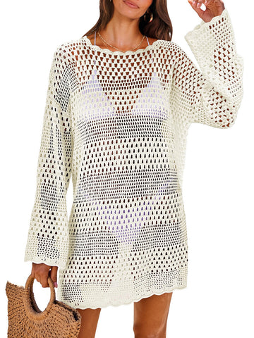 ANRABESS Women Swimsuit Crochet Swim Cover Up Summer Bathing Suit Pool Swimwear Mesh Knit Coverups Beach Dress 2024 Spring Vacation Travel Outfits Fashion Clothes 958baise-M White