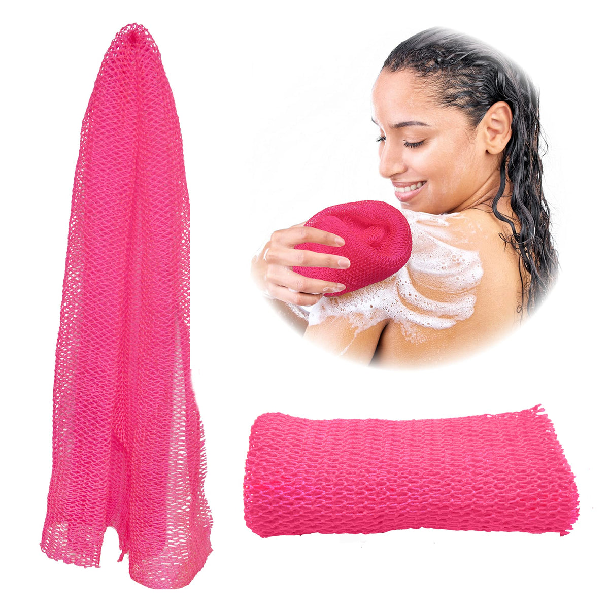 Adeton African Exfoliating Net Sponge, Authentic, Real, Body Scrubber, Long Bath Wash Cloth, Body Exfoliator, Sapo, Shower Accessories, Back Foot Scalp Scrub, Flat Dead Skin Remover Body Wash (Pink)