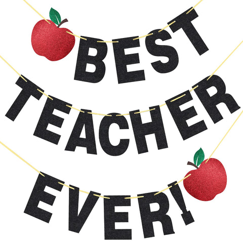 Black Glitter Best Teacher Ever Banner Decorations for Teachers Day School Classroom Party Teacher Appreciation Week Decoration Banner(Best techer ever)