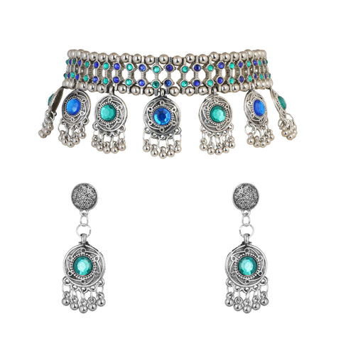 Jwellmart Jewellery Bollywood Ethnic Oxidised Silver Plated Traditional Indian Stone Choker Necklace Set with Earrings for Women (Blue)