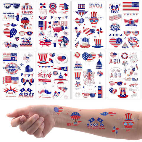 HOWAF 100+ Pcs 4th of July Temporary Tattoos - American Flag Red White and Blue Party Supplies Fourth of July Decorations Silver Glitter Tattoos, American USA Stars and Stripes Waterproof Body Art Stickers