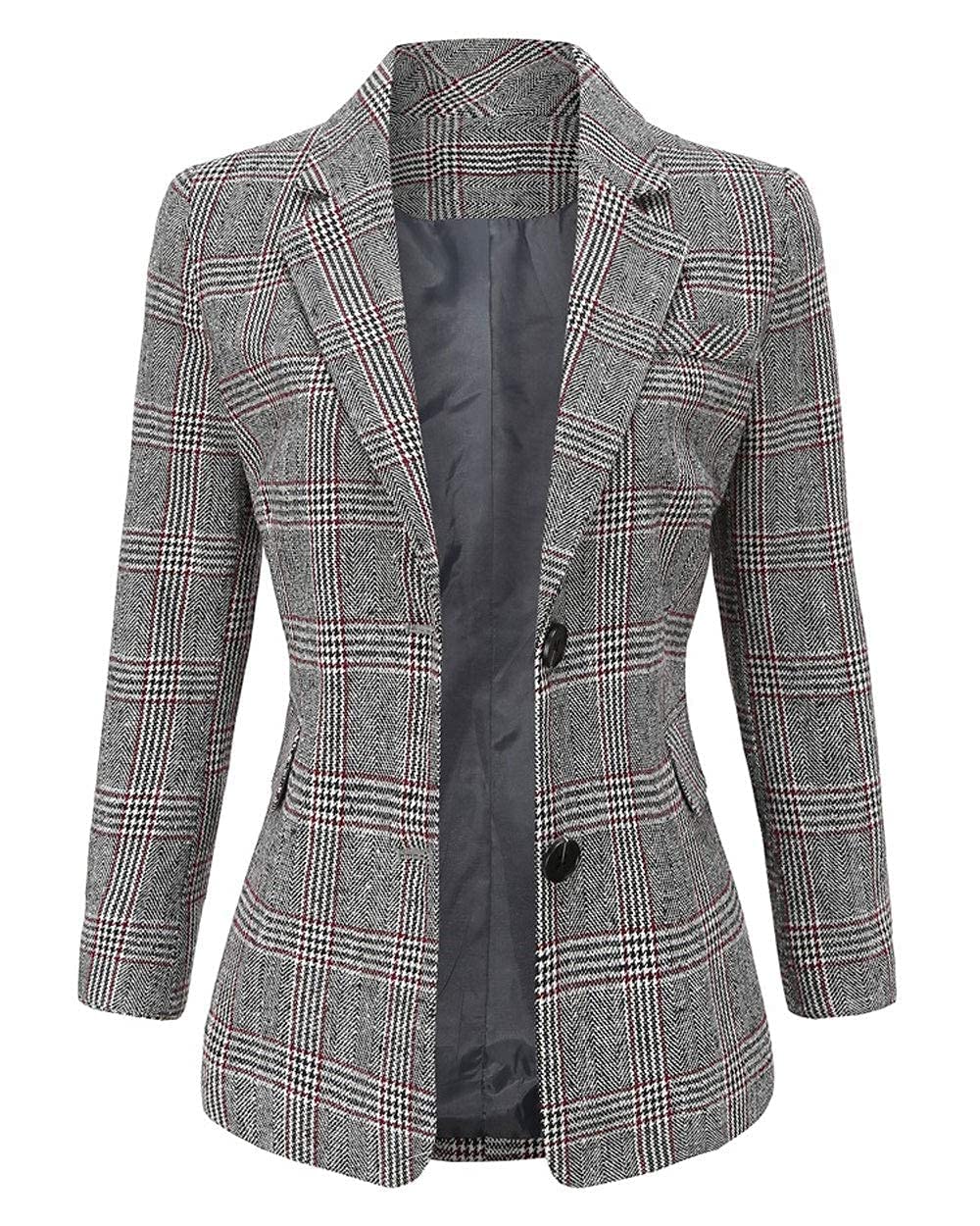 ebossy Women's Notch Lapel 2 Button Boyfriend Blazer Suit Houndstooth Plaid Jacket Coat (X-Small, Grey)