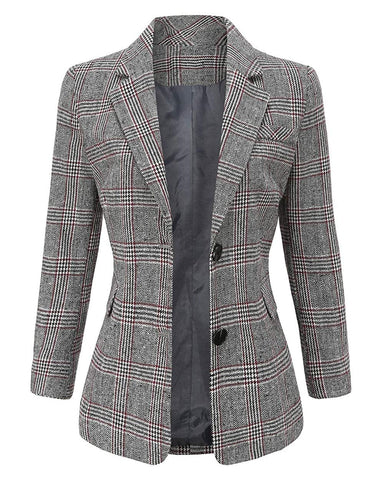 ebossy Women's Notch Lapel 2 Button Boyfriend Blazer Suit Houndstooth Plaid Jacket Coat (X-Small, Grey)