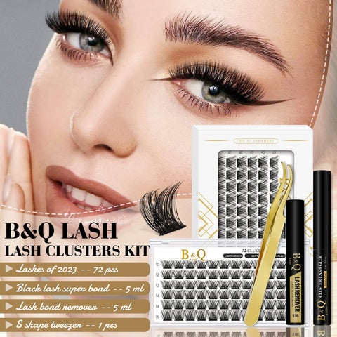 DIY Lash Extension Kit B34 Lash Cluster B&Q DIY Eyelash Extension Kit Individual Lashes Eyelash Clusters with Mascara Brush Eyelash Glue Remover Lash Applicators for DIY Eyelashes Extensions (Kit,B34)