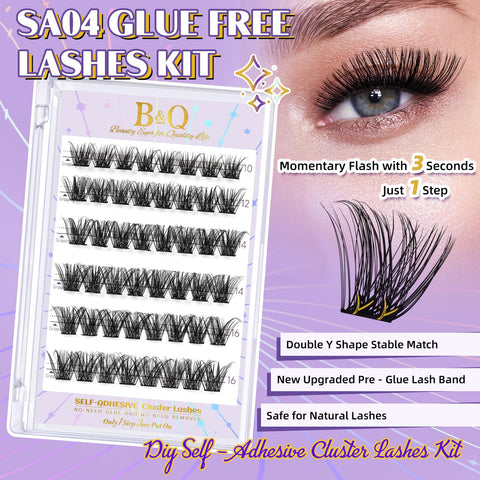 B&Q Self Adhesive Eyelashes 48PCS Reusable Adhesive Eyelashes Pre-Glued Cluster Lashes D Curl No Glue Eyelashes 10-16mm with Lash Tweezers 1 Step DIY Lash Self Stick Easy to Apply (SA04-D,10-16mm)