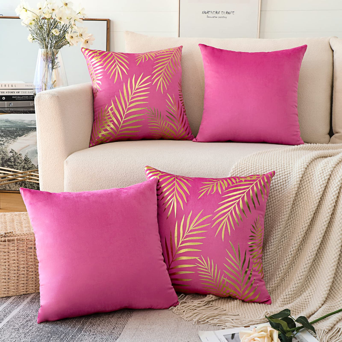 JOTOM Velvet Soft Cushion Covers Gold Leaves Modern Decorative Pillow Covers Bronzing Pillow Cases Square Throw Pillow Covers for Bedroom Sofa Car Home Couch Decor 45 x 45 cm Pack of 4 (Hot Pink)