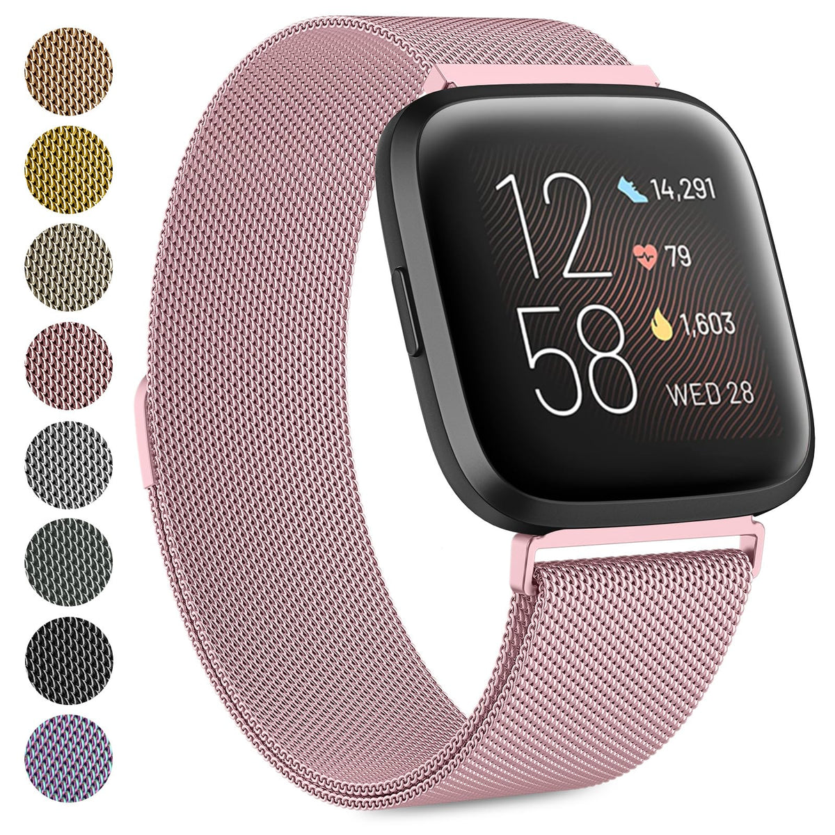 Strap compatible with Fitbit Versa Strap/Fitbit Versa 2 Straps for Women Men, Breathable Stainless Steel Mesh Loop Adjustable Wristband Replacement Metal Strap (Rose pink,Small)