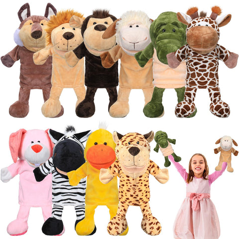 Wettarn 10 Pcs Animal Hand Puppets 12 Inch Soft Plush Plush Puppets Lion Orangutan Giraffe Tiger Pig Elephant Hand Puppets for Boys and Girls Storytelling, Teaching, Role Playing(Funny Style)