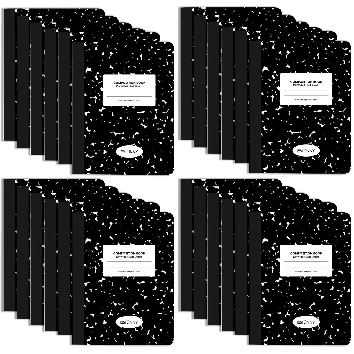 Bilinny Composition Notebooks 24 Pack (100 Sheets), Wide Ruled Composition Notebook for School & College Students, 9.75" x 7.5" Marble Notebook with Double Sided Sheets