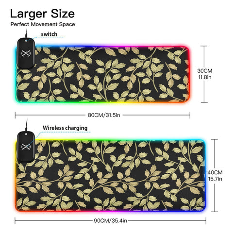Floral Watercolor Gold Leaves Wireless Charging Mouse Pad for Mobile Phone Extra Large Gaming Mousepad with 13 Lighting Modes Extended Desk Mat for MacBook PC Laptop Desk Office Home Gaming