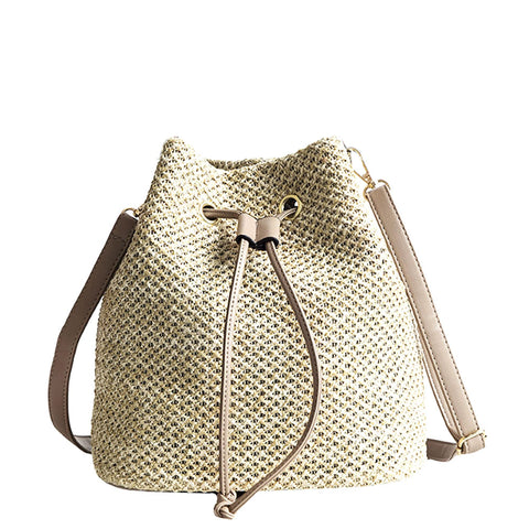 Buddy Small Drawstring Shoulder Bag Straw Weave Handbag Summer Beach Purse, Z-dark Khaki (No Handle), M