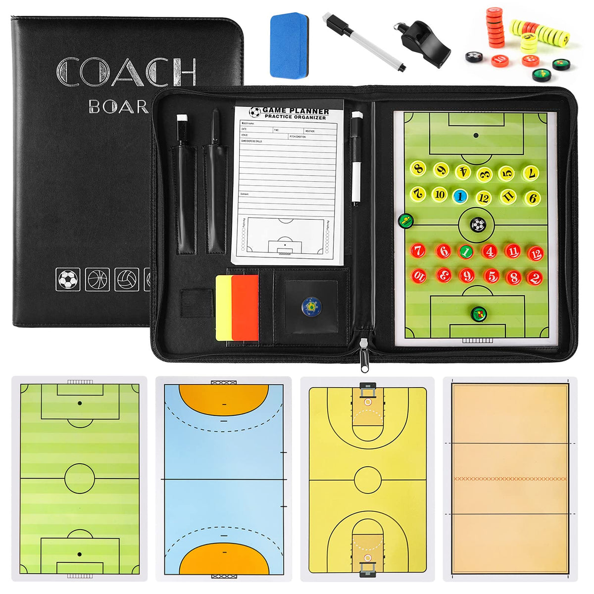 20" x13.39" Football Coaches Tactical Board, Portable Soccer Magnetic Tactics Notebook, Football Coaching Clipboard with Smooth Surface -Sport Training Assistant Equipment with Player Markers, Pen