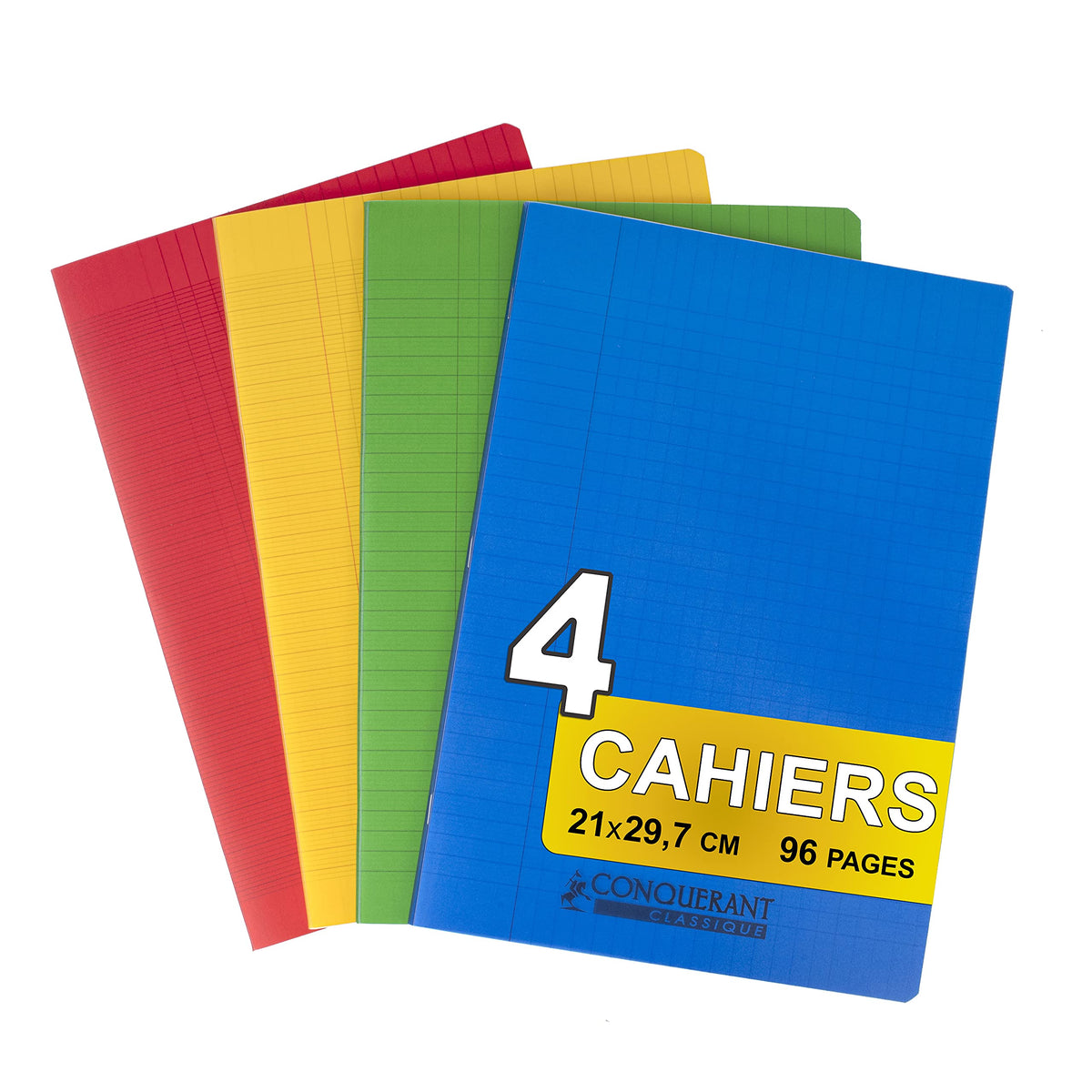 ConquÃ©rant 4 notebooks, stapled, A4, 21 x 29.7 cm, large squares, 96 pages, 90 g