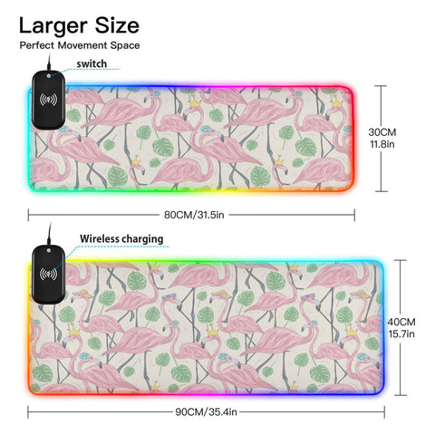 Flamingos Palm Leaves Wireless Charging Mouse Pad for Mobile Phone Extra Large Gaming Mousepad with 13 Lighting Modes Extended Desk Mat for Gaming MacBook PC Laptop Desk Home Office