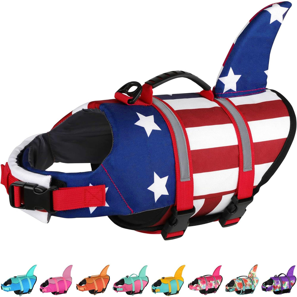 Dogcheer Dog Life Jacket Shark, American Flag Dog Life Vest with Reflective Stripes & Rescue Handle, Adjustable High Buoyancy Dog Swim Vest for Small Medium Large Dogs(Red & Dark-Blue, S)