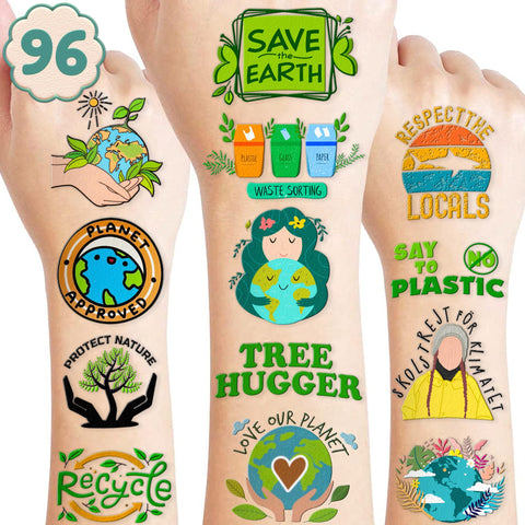(96 PCS) Earth Day Eco Green Save Planet Temporary Tattoos Birthday Themed Party Supplies Decorations Favors Cute Environmental Protection Stickers Tattoo Gifts for Kids Girls Boys Decor Class Reward