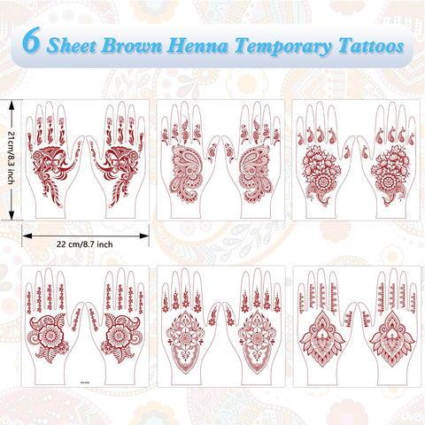 Konsait Temporary Tattoos for Women Sexy, Brown Hand Tattoos for Women Girls Fake Tattoos Mandala Temporary Tattoo Flower Tattoo Elephants Tattoos Peacocks Tattoo 6 Sheets