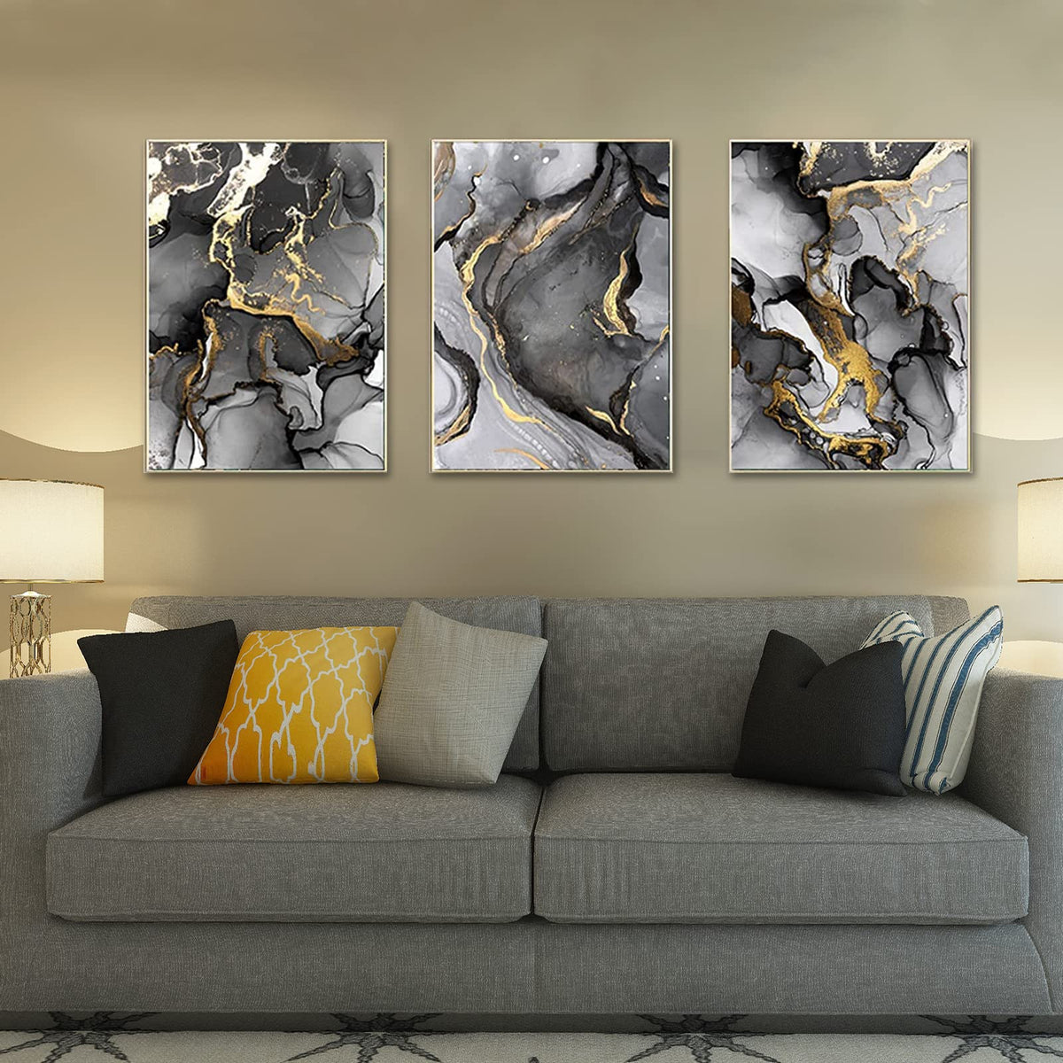 3 Piece Islamic Wall Pictures Decoration Set, Golden Abstract Marble Oil Painting Poster, Allah Islamic Quotes Canvas Painting Living Room Pictures Decoration, No Frame (40 x 60 cm)