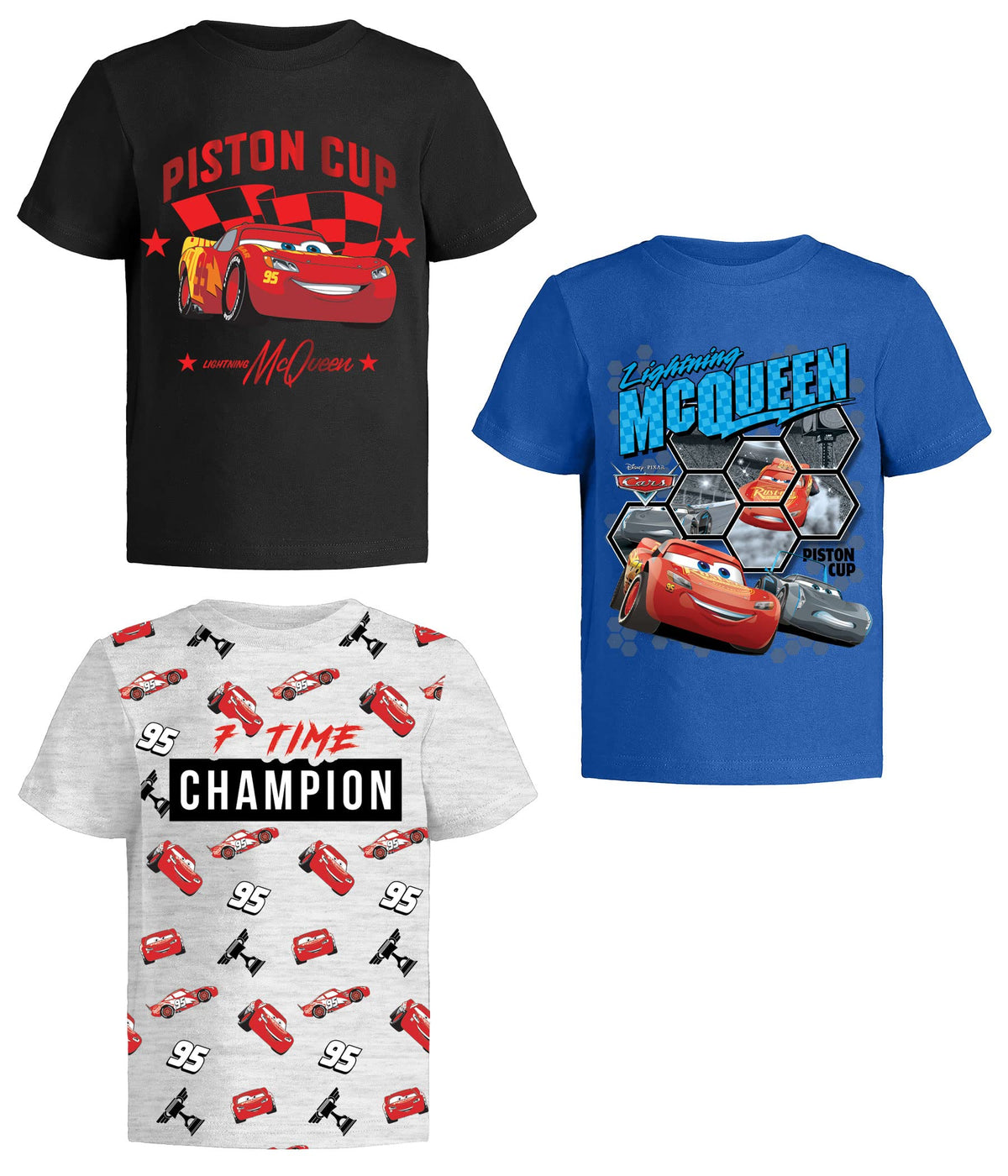 Cars Lightning McQueen Pixar Graphic T-Shirts (3 Pack) Outfits Toddlers to Kids 2T Bk/B/Gy SS