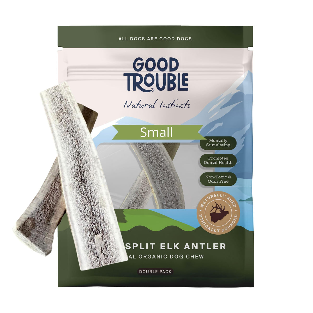 Good Trouble Pets Premium Wild Elk Antler Dog Chews (2 Pack) - Durable Dog Bones for Aggressive Chewers, Long Lasting Dog Chews, Elk Antlers for Dogs, Split 2-Pack, Small 4-5 Inches