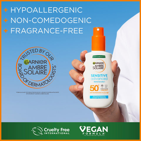Garnier Ambre Solaire SPF 50+ Sensitive Advanced Sun Cream Spray, Factor 50, Water Resistant & Non Greasy Sunscreen, No Fragrance, UVA & UVB Protection, Approved by Cruelty Free International, 150ml