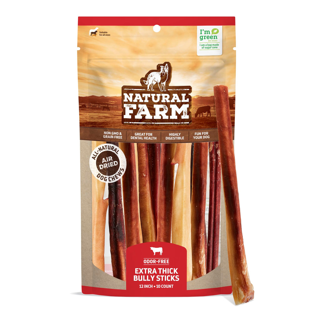 Natural Farm Extra-Thick 12-Inch Beef Bully Sticks Dog Chews (10-Pack) - Odor-Free Dental Treats for Dogs