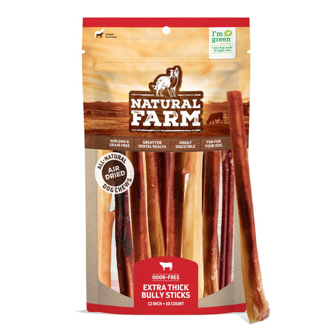 Natural Farm Extra-Thick 12-Inch Beef Bully Sticks Dog Chews (10-Pack) - Odor-Free Dental Treats for Dogs