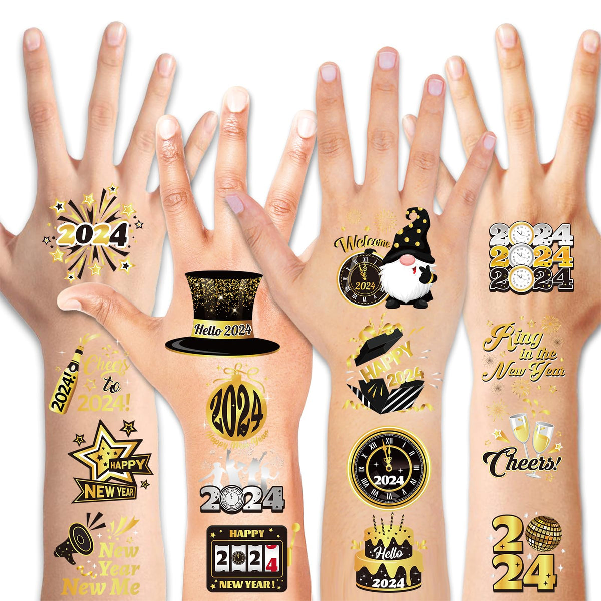 HOWAF 72pcs New Years Temporary Tattoos, 2024 NYE Party Favors Tattoos Stickers,New Year Face Tattoos for Happy New Year Eve Party Decorations,New Years Firework Temporary Tattoos, Black Gold Silver