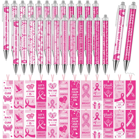 Motiskyy 48 Pcs Breast Cancer Awareness Items Breast Cancer Awareness Pen World Breast Cancer Day Retractable Ballpoint Pen and Bookmarks Pink Ribbon Pen for Men Women Teachers Nonprofit