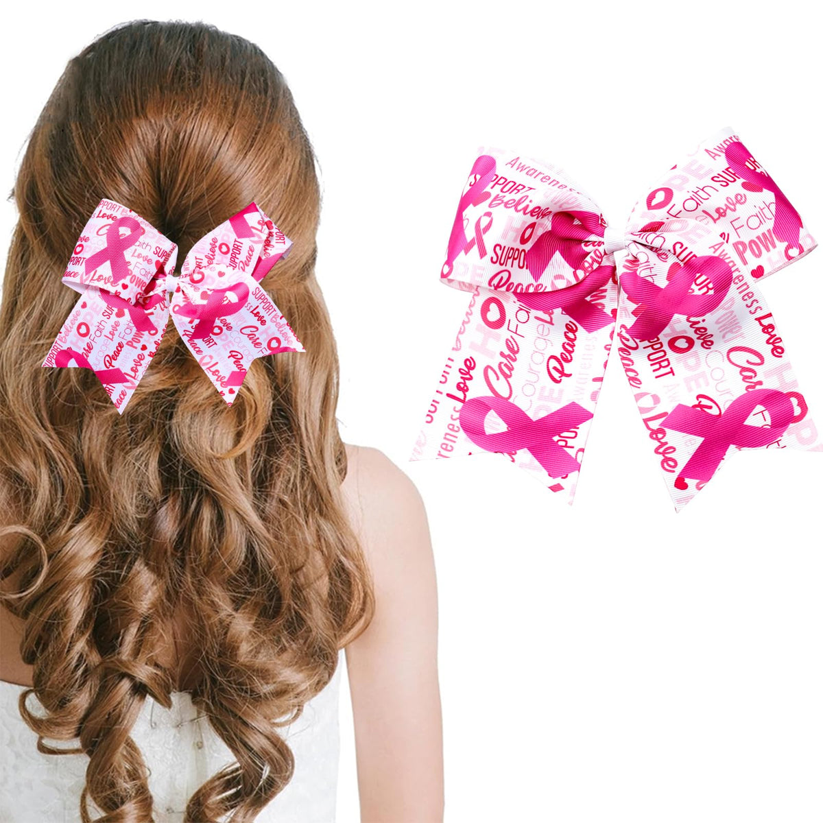7 Inch Breast Cancer Awareness Bows Hair Clips for Women Girls Pink Ribbon Alligator Barrettes Hairpins Pink Ribbon Awareness Cheer Bow for Breast Cancer Awareness Month Parade Party