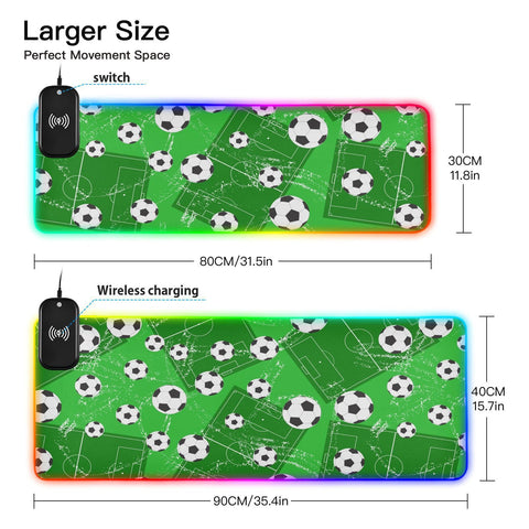 Grunge Football Soccer Wireless Charging Mouse Pad for Mobile Phone Extra Large Gaming Mousepad with 13 Lighting Modes Extended Desk Mat for Gaming MacBook PC Laptop Desk Office Home