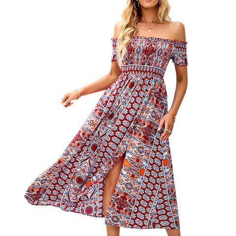 Folanda Off The Shoulder Dresses, Women Boho Maxi Dress Flowy Smocked Beach Vacation Summer Dresses, Split Long A Line Dress(M-Wine Red)