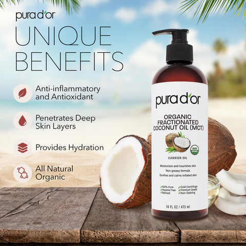 PURA D'OR 16 Oz ORGANIC Fractionated Coconut Oil - MCT Oil- 100% Pure & Natural USDA Certified Cold Pressed Carrier Oil - Unscented, Hexane Free Liquid Moisturizer - Face Skin & Hair - Men & Women