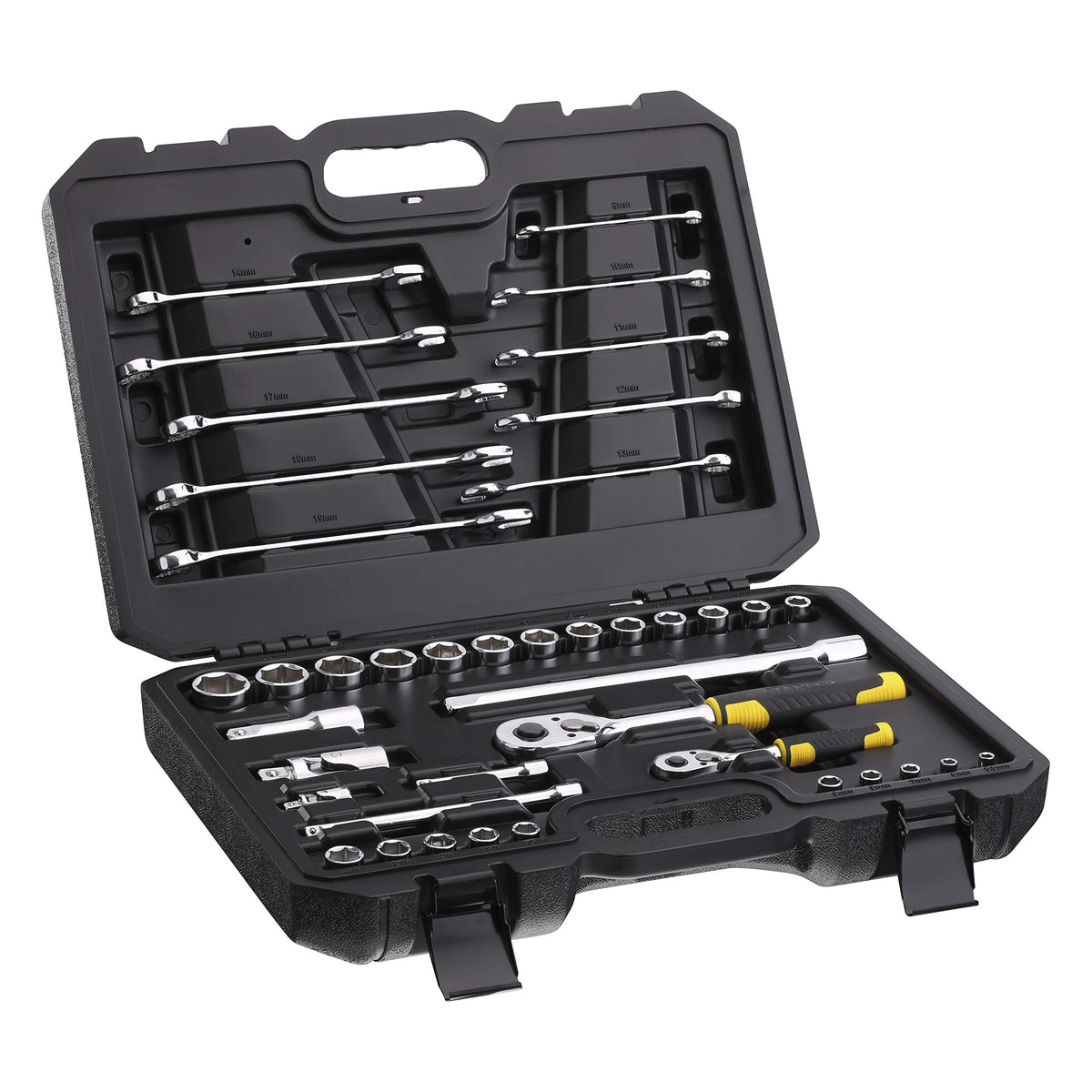 Stanley STMT82832-1 Set of ¼'' + ½'' Sockets + Combination Spanners + 72 Teeth 1/4" Ratchet and 72 Teeth 1/2" Ratchet - Compact and Durable Case with Metal Fasteners - Set of 41 Pieces