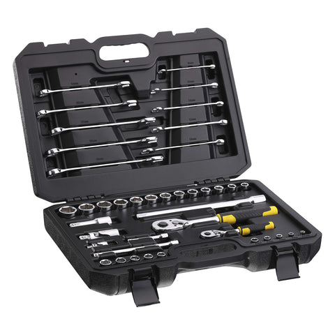 Stanley STMT82832-1 Set of ¼'' + ½'' Sockets + Combination Spanners + 72 Teeth 1/4" Ratchet and 72 Teeth 1/2" Ratchet - Compact and Durable Case with Metal Fasteners - Set of 41 Pieces