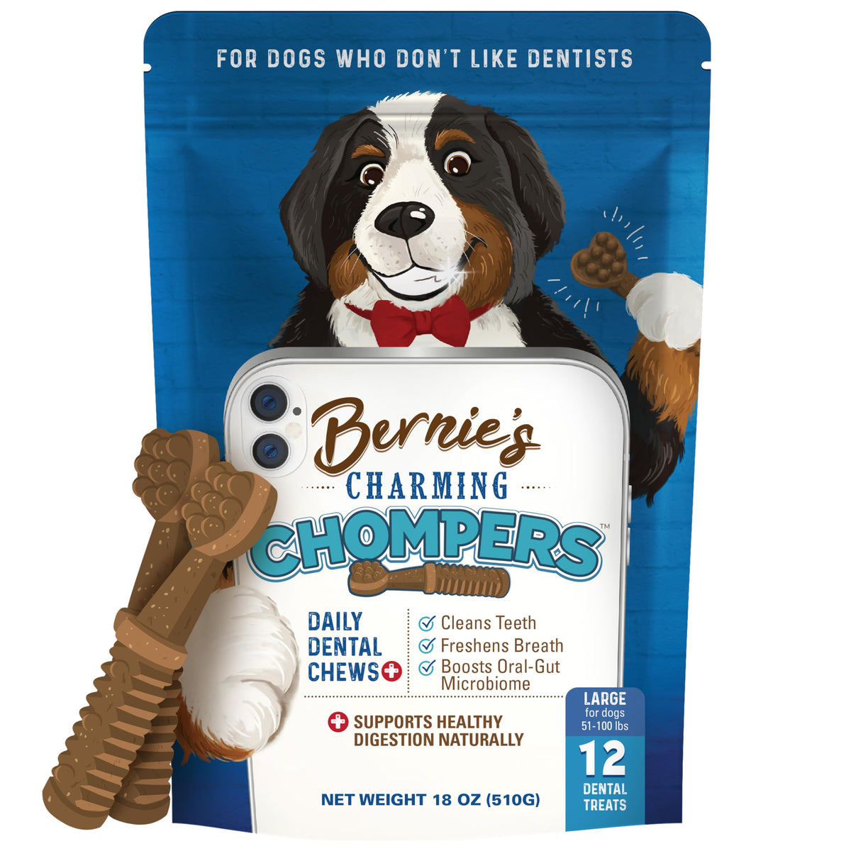 Bernie's Charming Chompers - Daily Dental Chews for Dogs 50-100 Lbs. - 12 Count - Cleans Teeth, Freshens Breath, Boosts Oral-Gut Microbiome. Easy to Digest, Supports Healthy Digestion Naturally