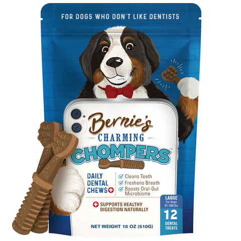 Bernie's Charming Chompers - Daily Dental Chews for Dogs 50-100 Lbs. - 12 Count - Cleans Teeth, Freshens Breath, Boosts Oral-Gut Microbiome. Easy to Digest, Supports Healthy Digestion Naturally
