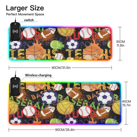 Basketball Football Wireless Charging Mouse Pad for Mobile Phone Extra Large Gaming Mousepad with 13 Lighting Modes Keyboard Mat for Gaming MacBook PC Laptop Desk Home Office
